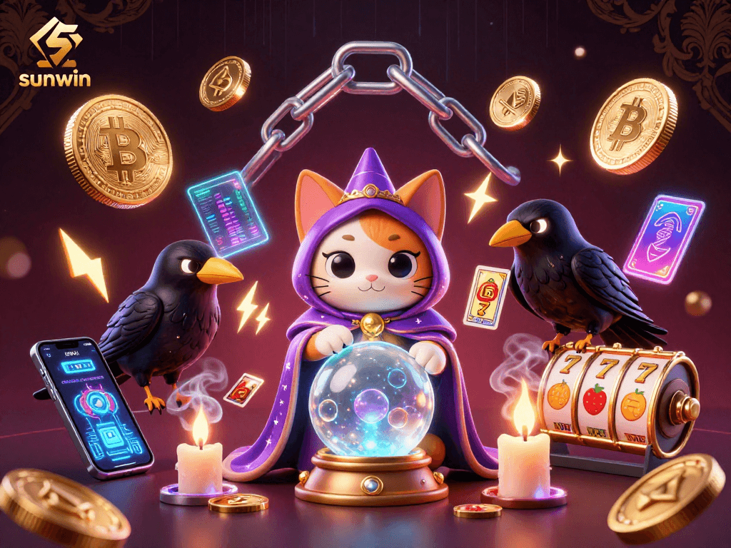 Engage the sunwin adventure with a mystic cat, raven, and slot reels amidst glowing crypto coins.