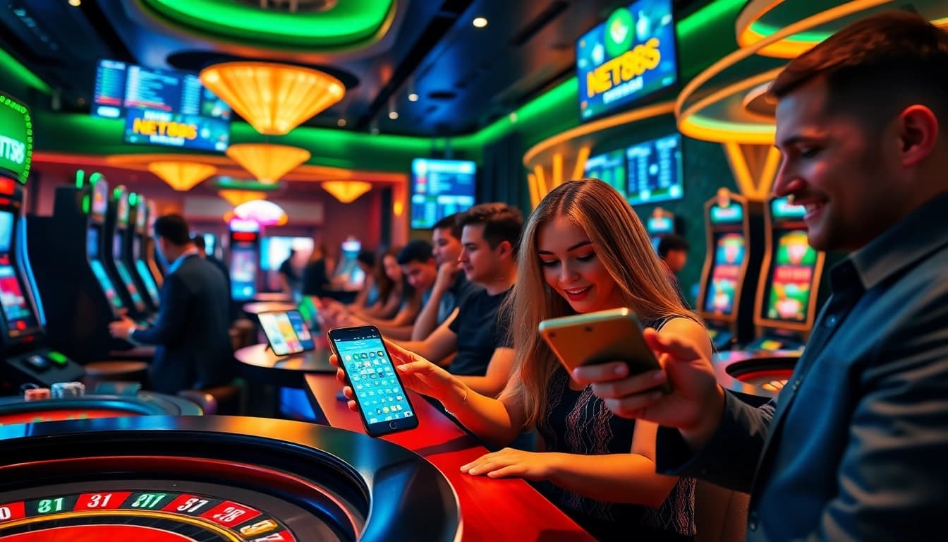 Players enjoying a thrilling casino experience with the net88 app on their devices at a luxury betting bar.