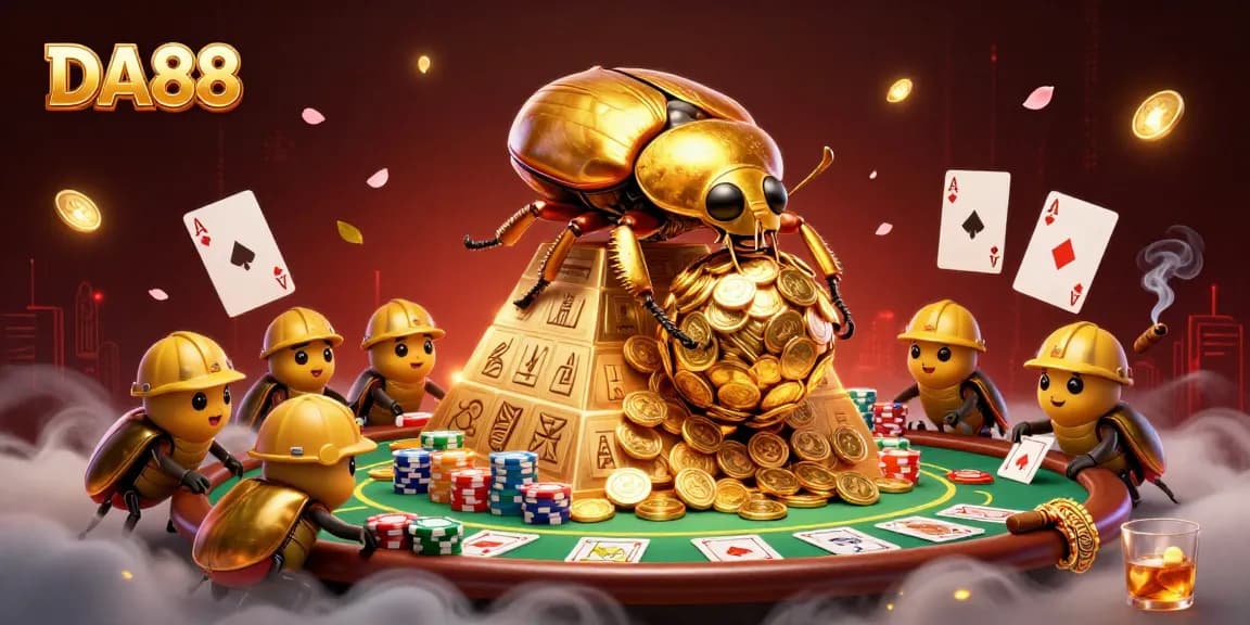 DA88 enhances excitement with a golden beetle rolling coins in a dynamic casino scene.