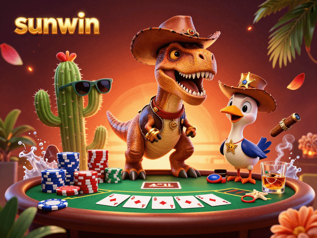 Join the fun with sunwin, featuring a cowboy dinosaur at a vibrant poker table.