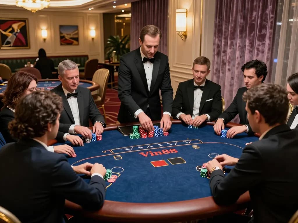 Vin88 VIP poker players strategizing with chips and cards, luxurious casino ambiance