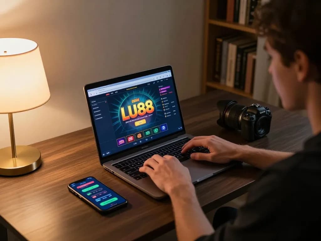 Engaging in online gaming at lu88.jpn.com with a laptop, showcasing a comfortable and focused environment