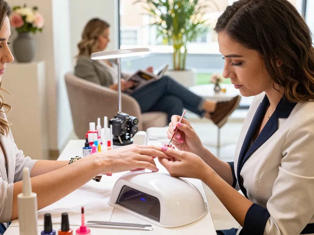 Professional nail technician applying vibrant gel nails in a hygienic salon setting.