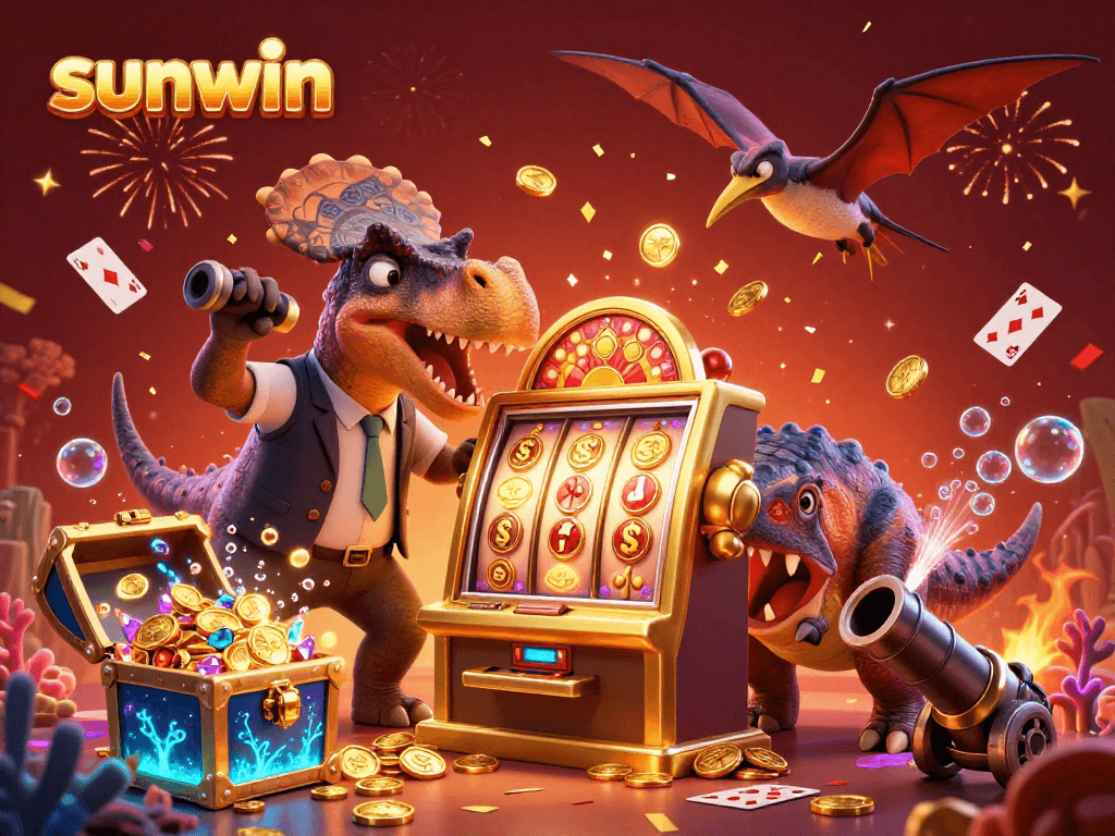 Experience the excitement of sunwin as a dinosaur wins jackpots at a casino, surrounded by magical treasures.