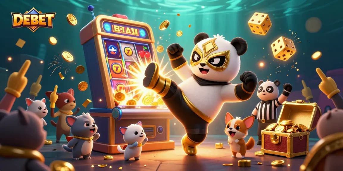 Engage in thrilling gaming action with DEBET featuring a panda wrestler and festive casino elements.
