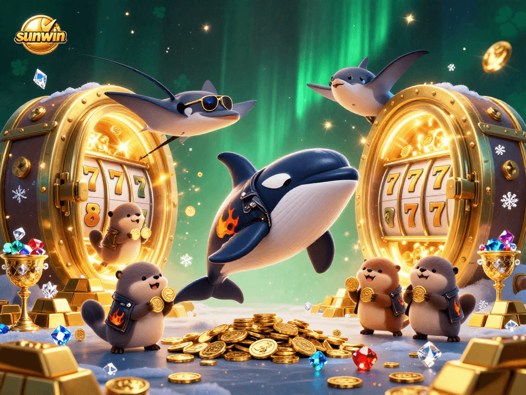 Join the sunwin adventure with an orca biker and otters in a vibrant casino scene