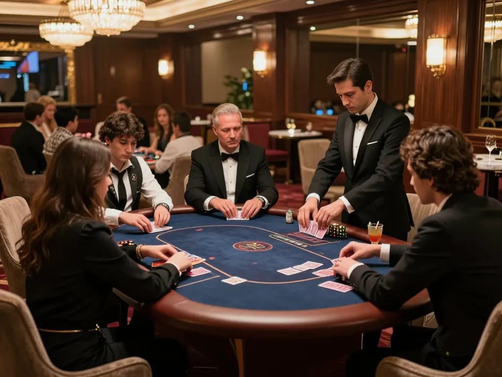 LV88 exclusive poker game in elegant VIP area showcasing players and dealer in high-stakes atmosphere