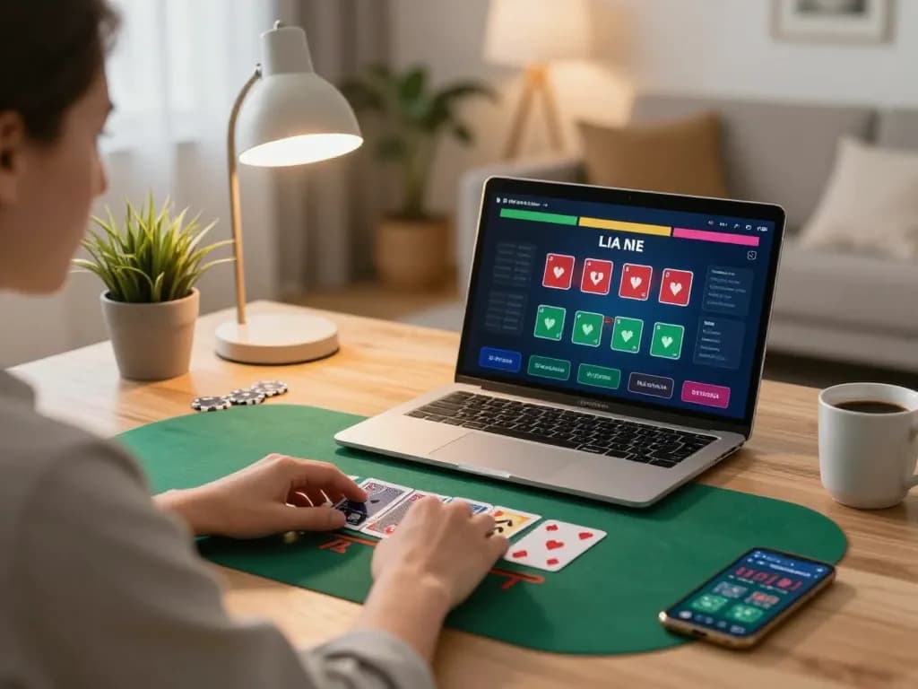 Player engaging in live dealer blackjack on https://vk88.vc/ from a stylish home setup with laptop and smartphone.