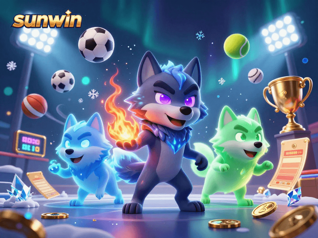 sunwin showcases a vibrant 3D casino scene with dynamic sports elements and ghostly wolf characters