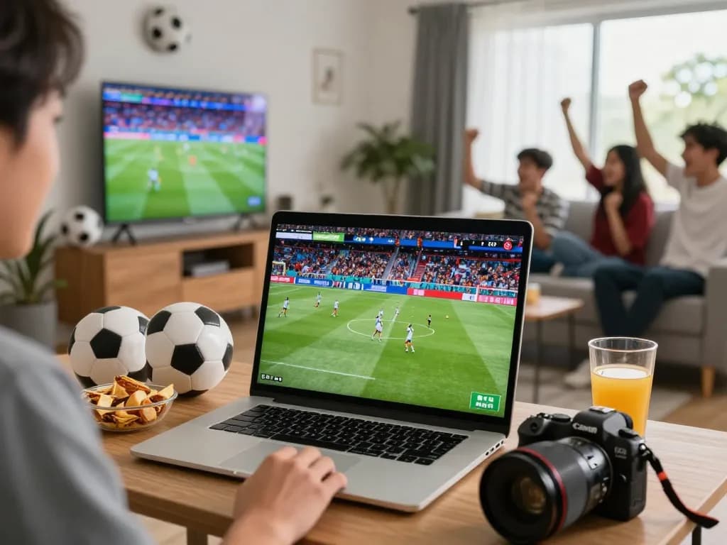 Football fans enjoying LuongSon TV streaming at home, surrounded by memorabilia and refreshments.