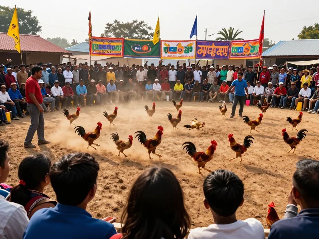 Witness thrilling đá gà trực tiếp as roosters battle in a lively cockfighting arena