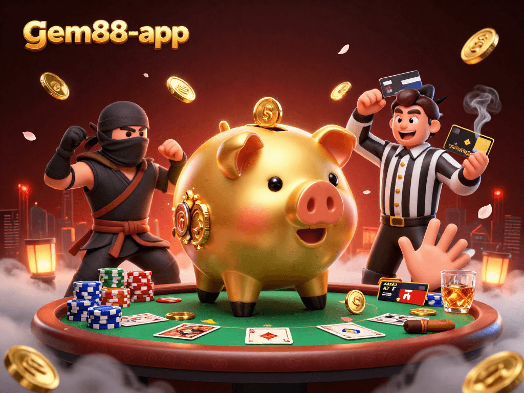 Experience big wins with gem88-app featuring a dynamic gaming showdown in a vibrant casino scene.