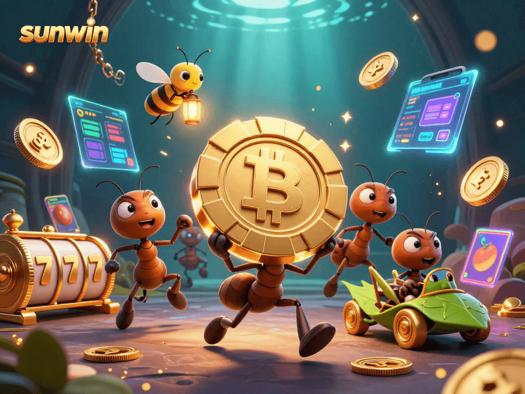 Sunwin showcases a playful 3D scene with ants stealing a giant poker chip amidst glowing crypto coins.