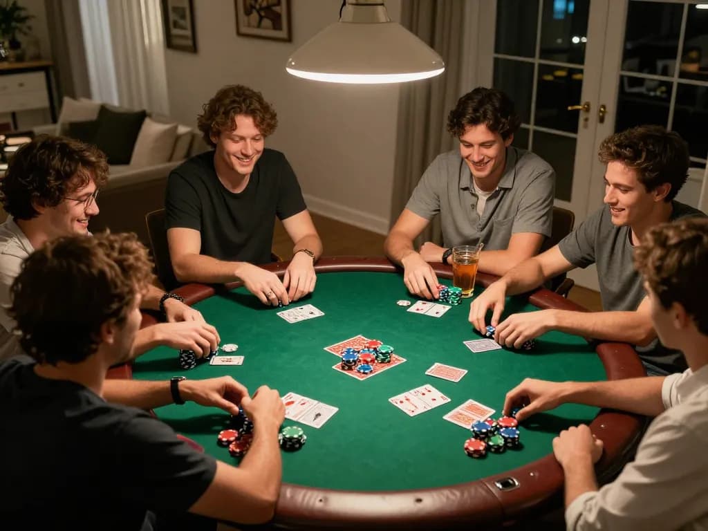 Friends enjoying a poker night at home with RR 88 games and colorful chips, creating a lively atmosphere.
