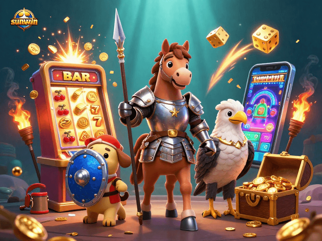 Win exhilarating jackpots with Sunwin in a vibrant casino adventure scene.
