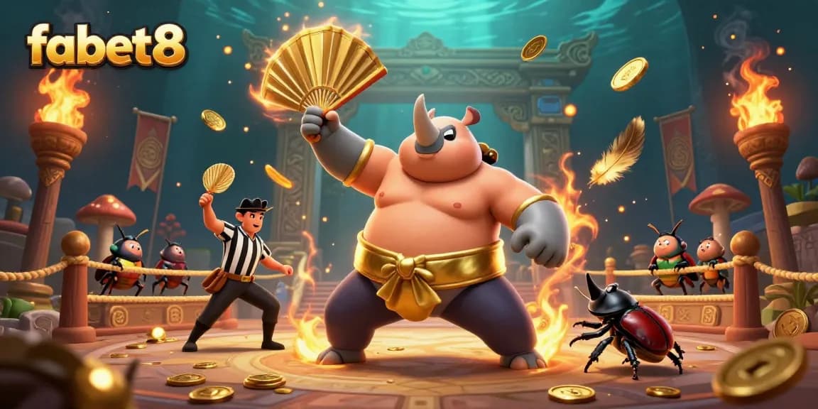Experience the exciting world of fabet8 as a sumo beetle championship sends coins flying in this vibrant casino illustration.