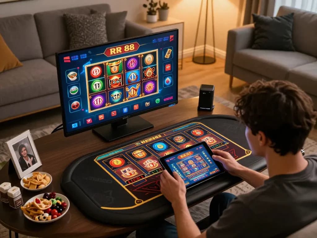 Engaging gameplay on RR 88 mobile app, showing slot games on tablet in cozy home setting.
