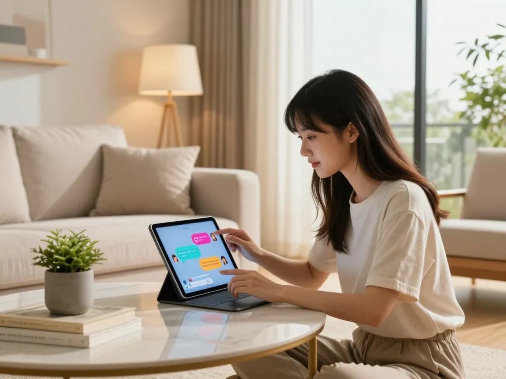 Engaging interaction with a girlfriend AI on a tablet in a cozy living room, showcasing emotional connection and modern technology.