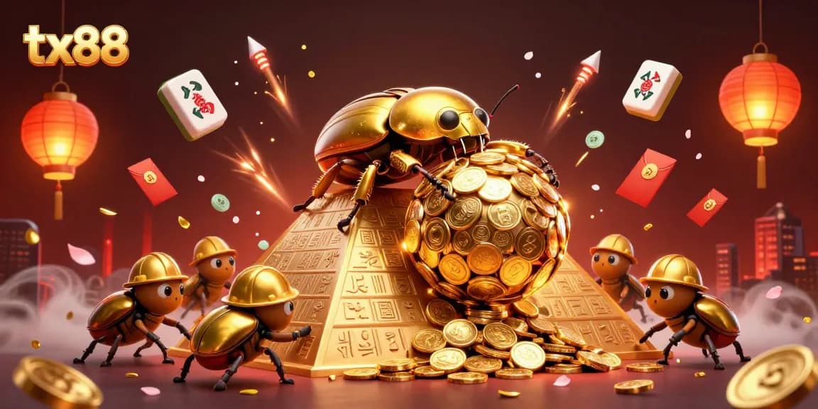 Experience the excitement with tx88, a cartoon beetle rolling gold coins in a vibrant casino-themed scene.