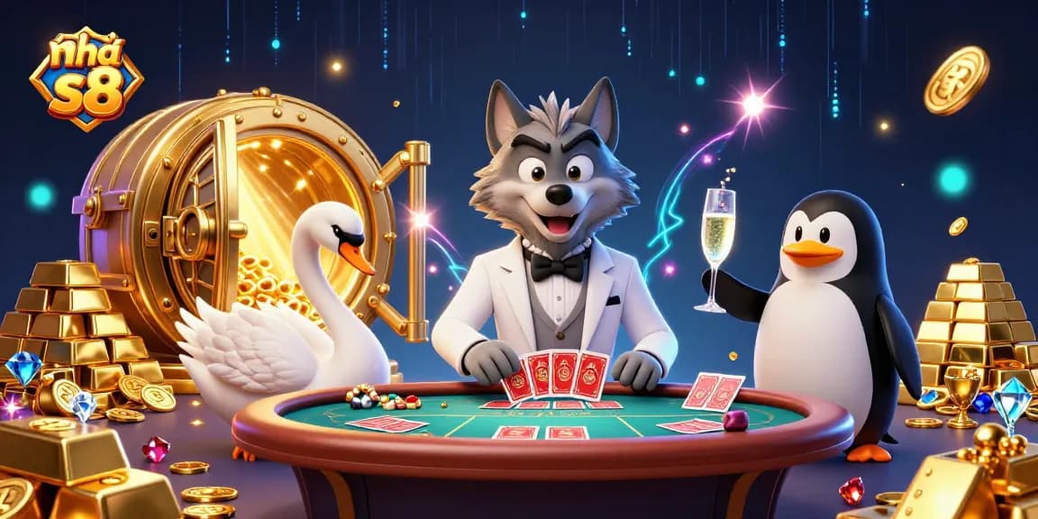 Engage with the vibrant atmosphere of Nhà cái s8 featuring a debonair wolf at a baccarat table, dazzled by gold.