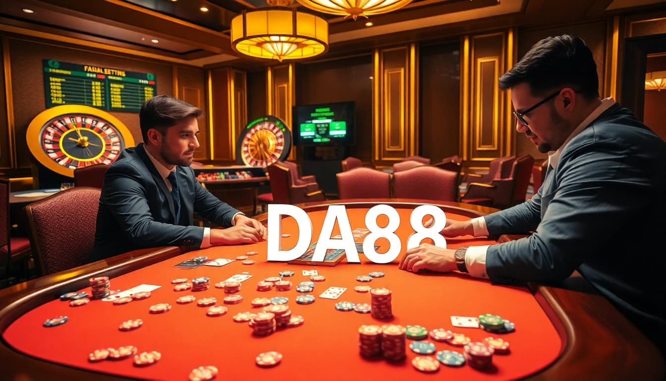 Experience the thrill of DA88 at a high-stakes poker table with colorful chips and cards.