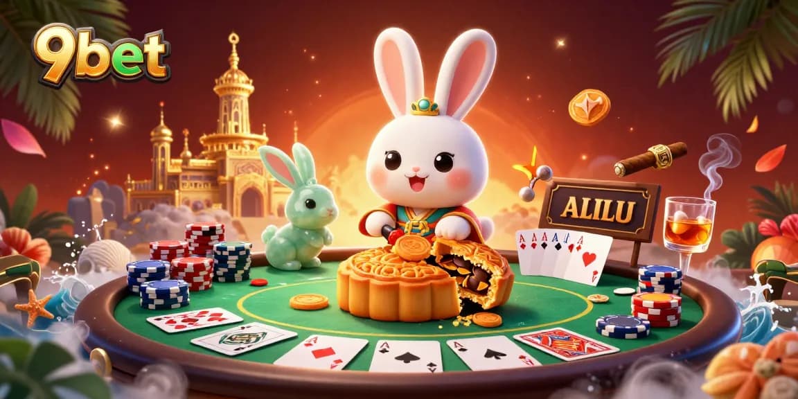 Engage with 9bet's lively casino atmosphere featuring a moon rabbit and poker chips.