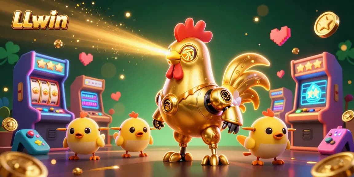 Experience thrilling gameplay with LLwin's vibrant casino adventure, featuring golden rooster robots and gaming elements.