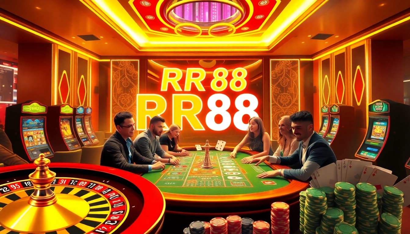 Experience excitement at RR88's vibrant casino scene featuring roulette, cards, and poker chips.