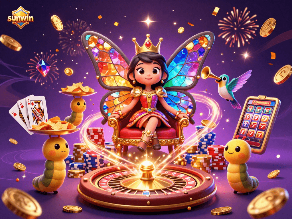 Win big with sunwin in this vibrant casino scene featuring a butterfly queen.