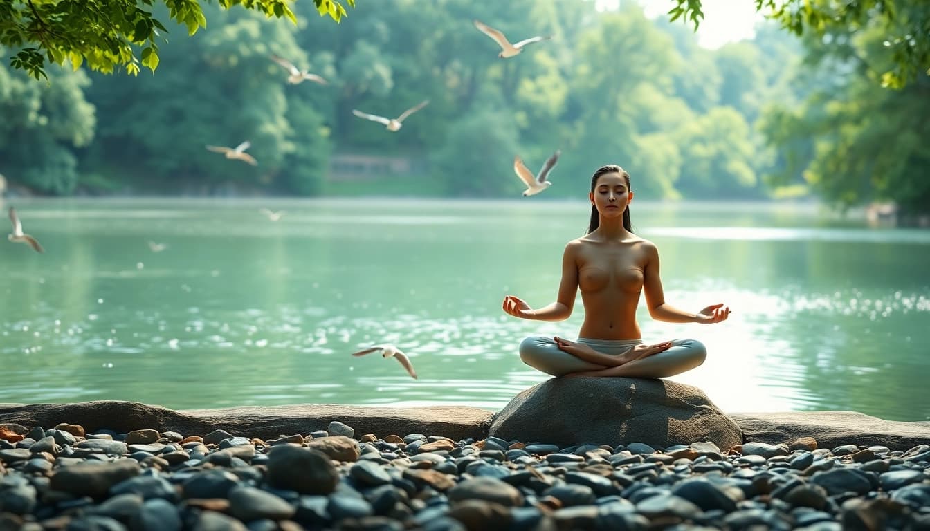 Figure meditating by a tranquil lake, representing stress and anxiety relief through nature.