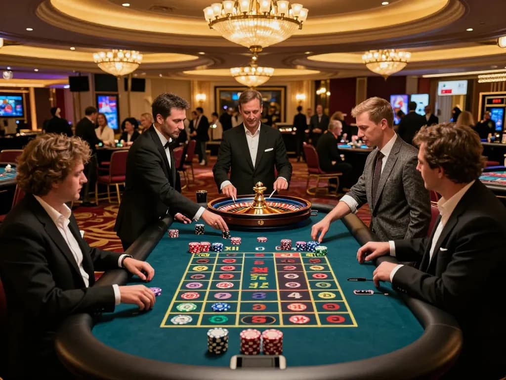 Players engaging in a thrilling roulette game at https://hd88.london/, showcasing vibrant chips and a luxurious atmosphere.