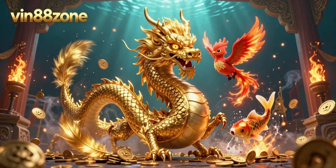 Engage with vin88zone as a golden koi fish leaps amidst coins in a vibrant casino scene.