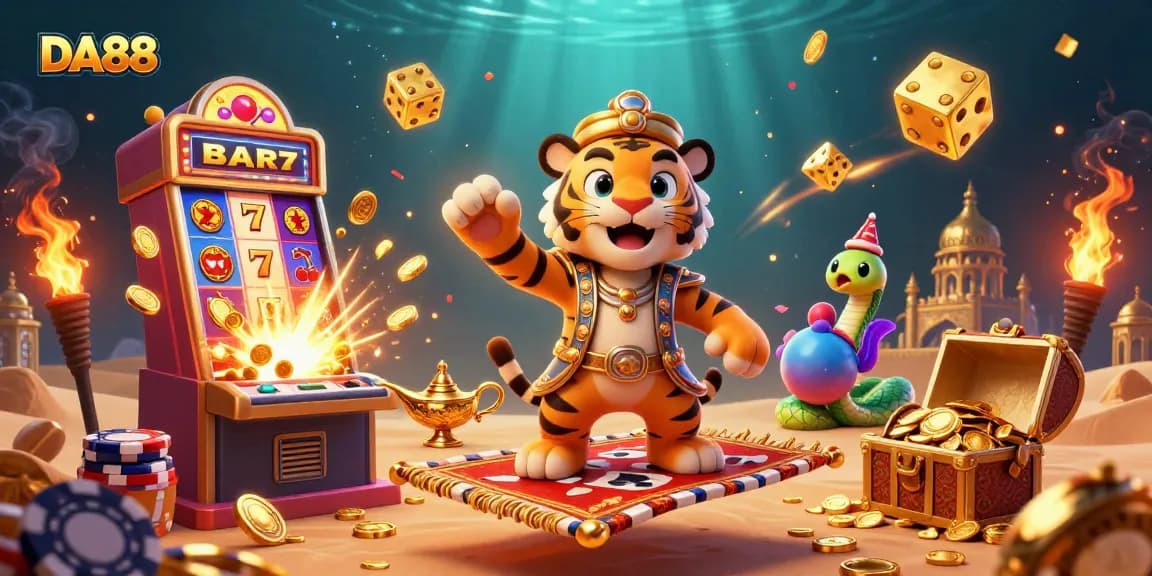 Spin for wins with DA88 as the 3D tiger sultan and genie snake charm luck on vibrant casino slot machines.