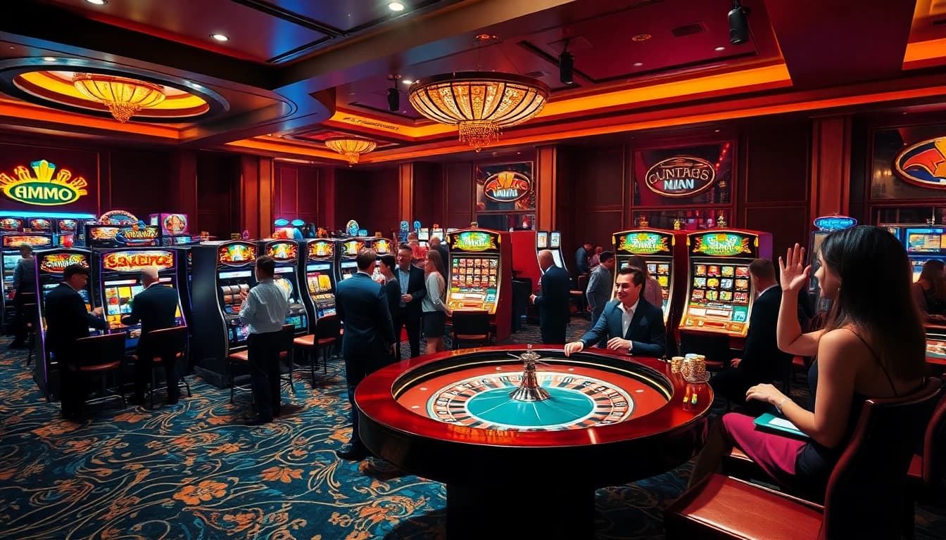 Experience the thrill of gaming at the mmoo casino with vibrant tables, joyful players, and enticing slot machines.
