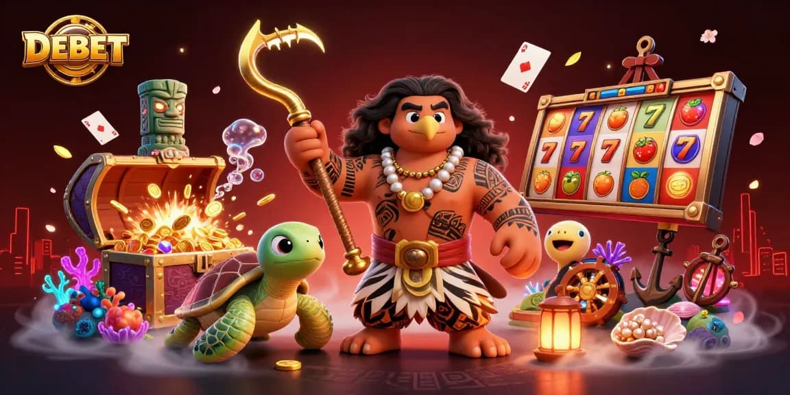 Experience DEBET with vibrant casino challenges featuring a Polynesian demigod and treasures.