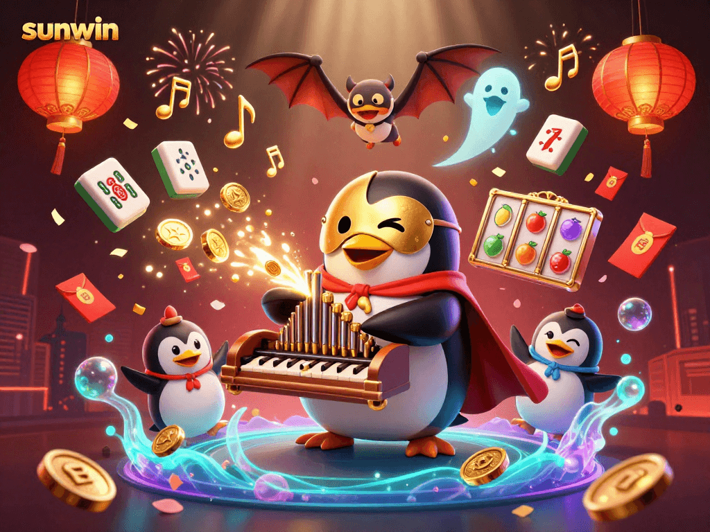 Experience thrilling gameplay with sunwin as a penguin plays an organ shooting coins.