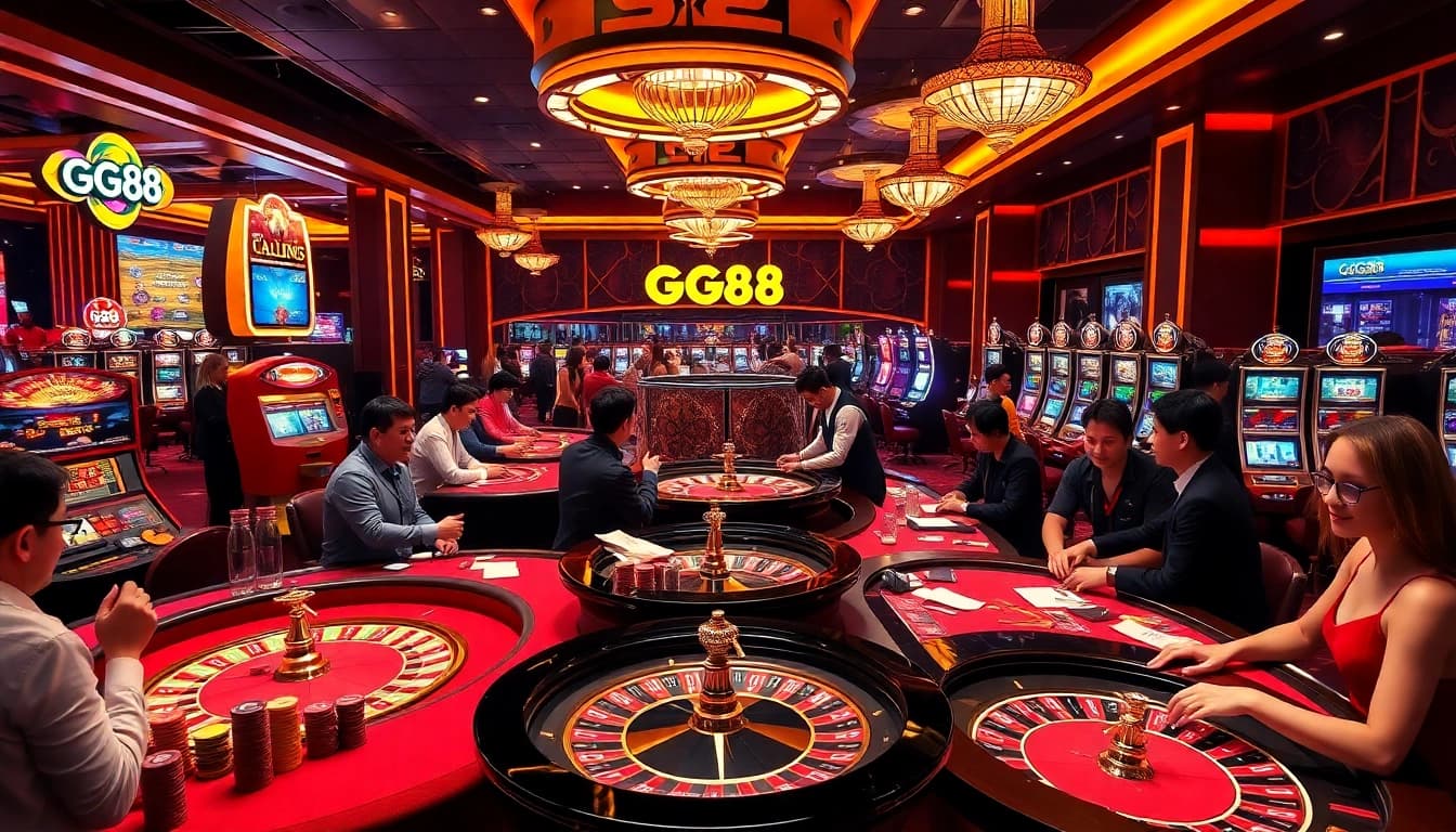 Players enjoying gambling at a GG88-themed casino table with vibrant slot machines.