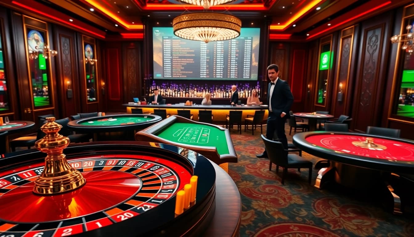 Players engaging in betting action at a luxurious casino inspired by https://mm88.report/, showcasing roulette wheels and vibrant chips.