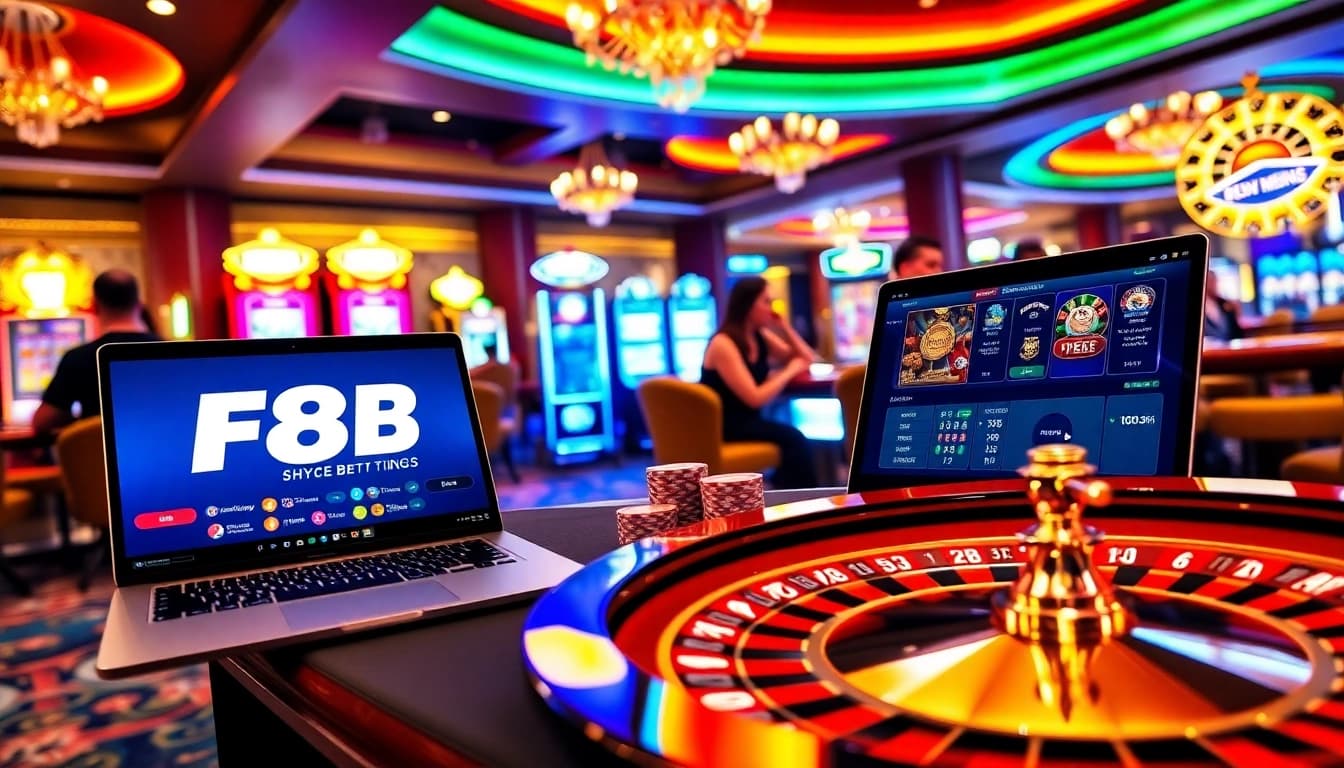Players enjoying F8BET casino games with stylish tables and vibrant atmosphere.
