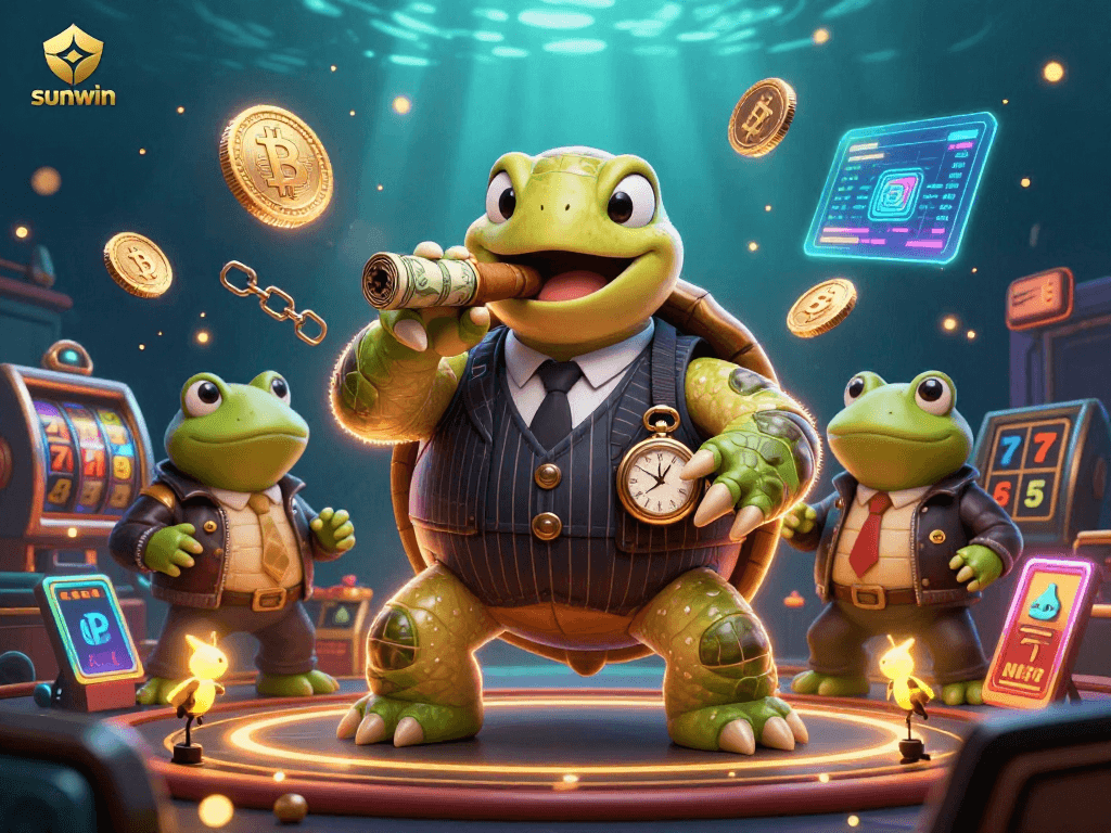 Experience the excitement of sunwin casino with a vibrant illustration featuring a turtle mobster and bullfrog enforcers.