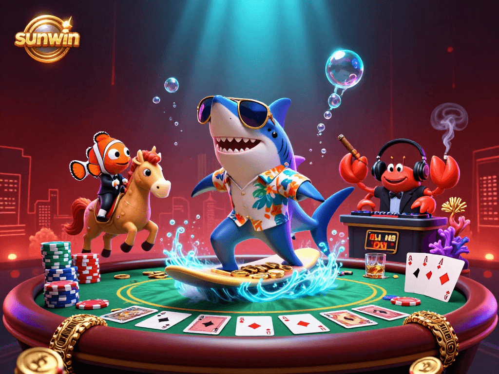 Experience the thrill of sunwin as a hammer-head shark surfs gold coins while surrounded by poker chips and vibrant underwater elements.