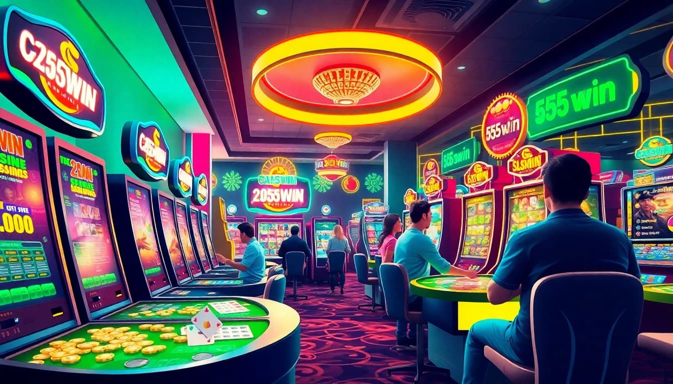 Experience the excitement of 555win in a vibrant online gaming scene with colorful slot machines and players.