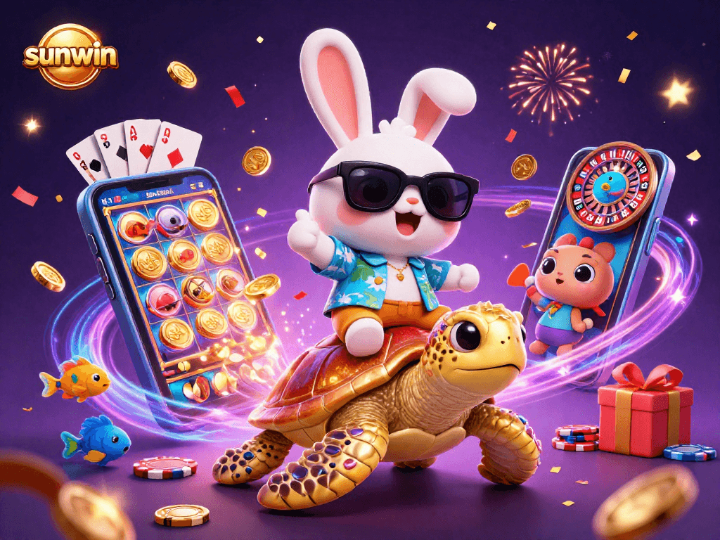 Experience winning thrills with sunwin in a vibrant 3D casino scene featuring a lucky rabbit and sea turtle.