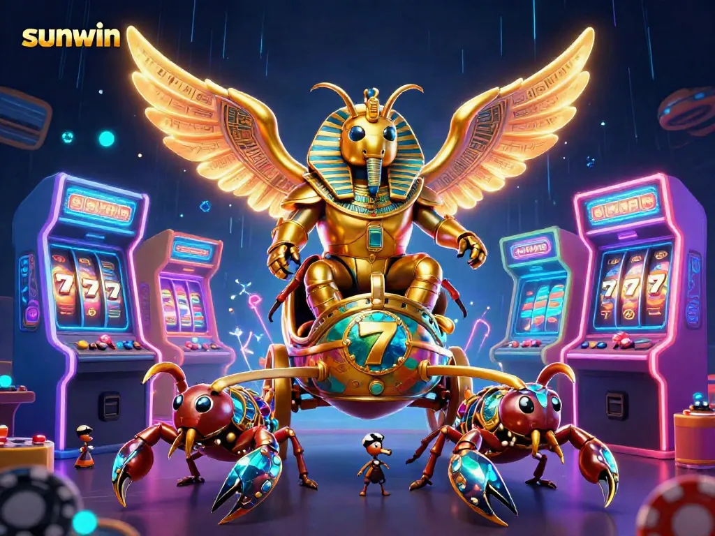 Engage in thrilling games with sunwin, featuring 3D elements of gambling with a golden beetle and scorpions.