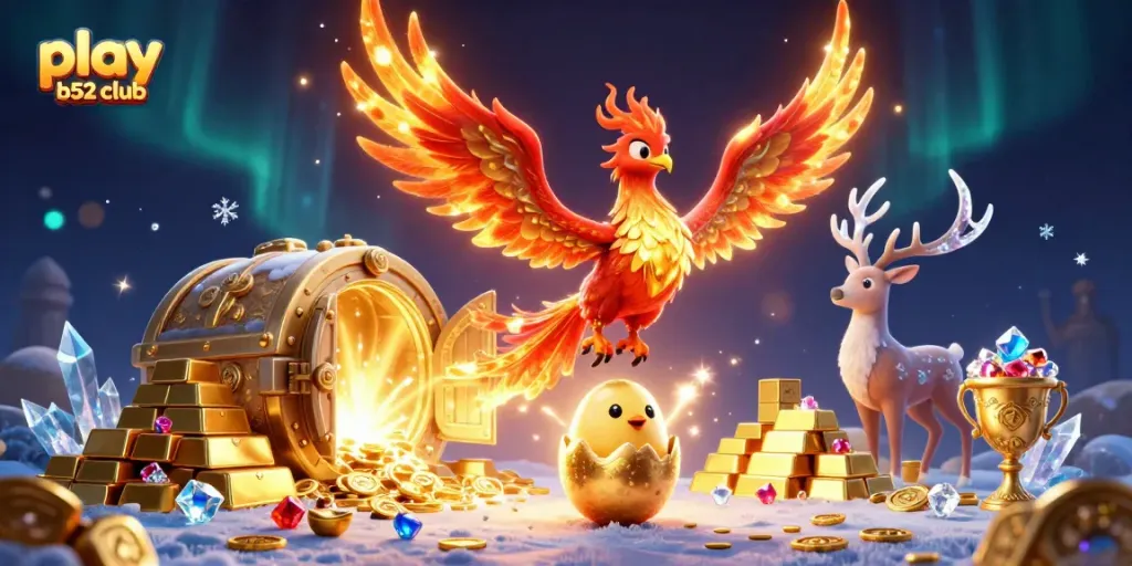 Experience the thrill of play b52 club with captivating symbols of fortune, showcasing a vibrant phoenix and treasure.
