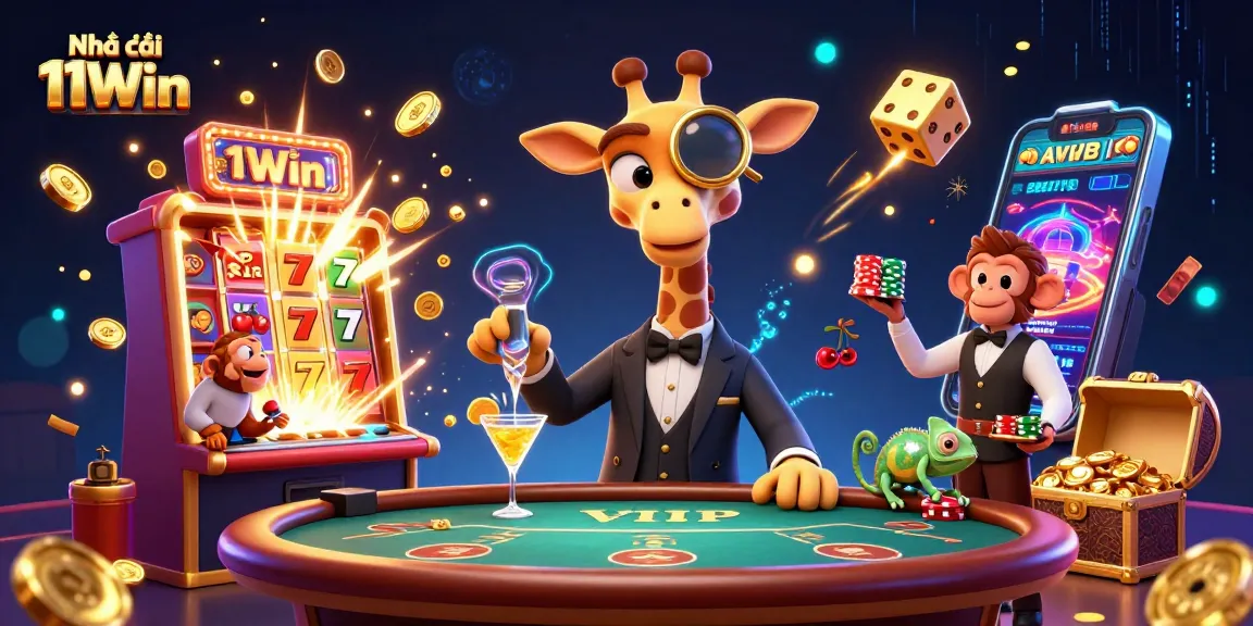 Engage with Nhà cái 11Win featuring a fascinating casino scene with vibrant 3D characters and dynamic gaming elements.