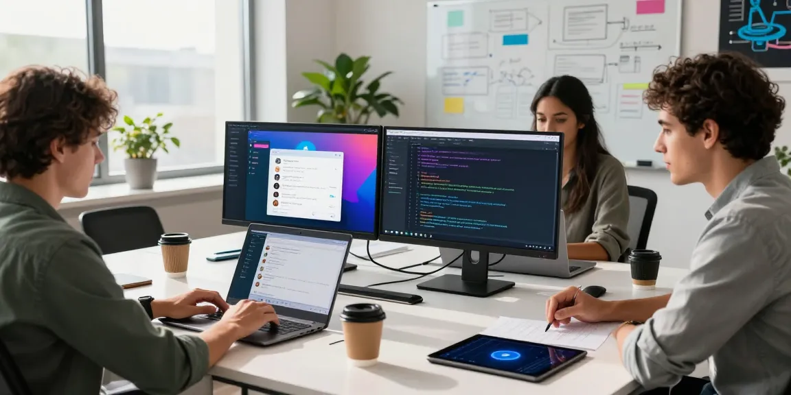 Team collaborating in a modern office setting on the Telegram web version, showcasing coding and chat features.