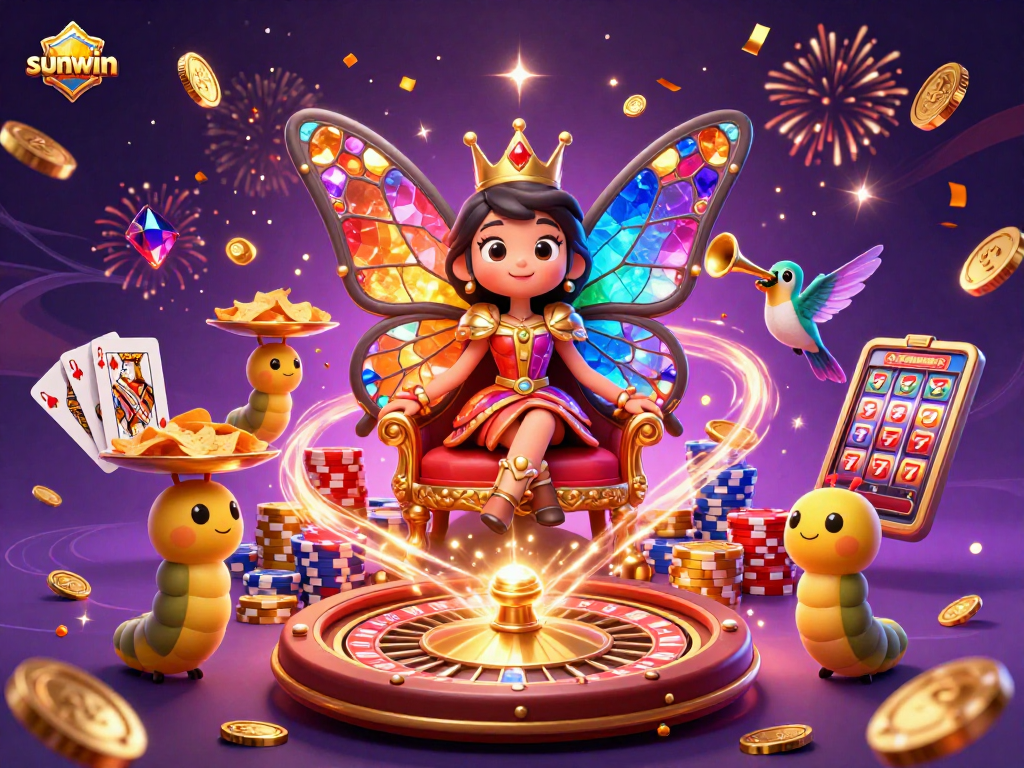 Win big with sunwin in this vibrant casino scene featuring a butterfly queen.