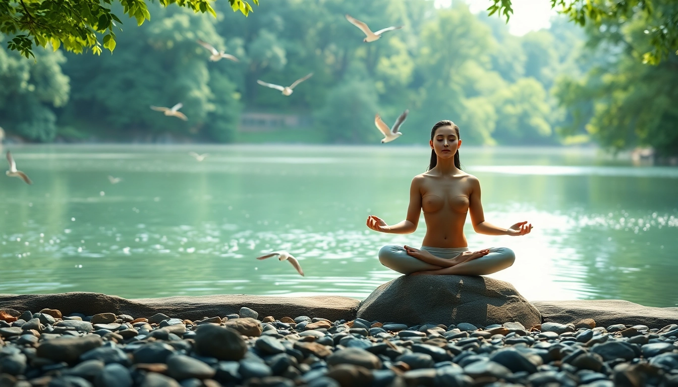 Figure meditating by a tranquil lake, representing stress and anxiety relief through nature.