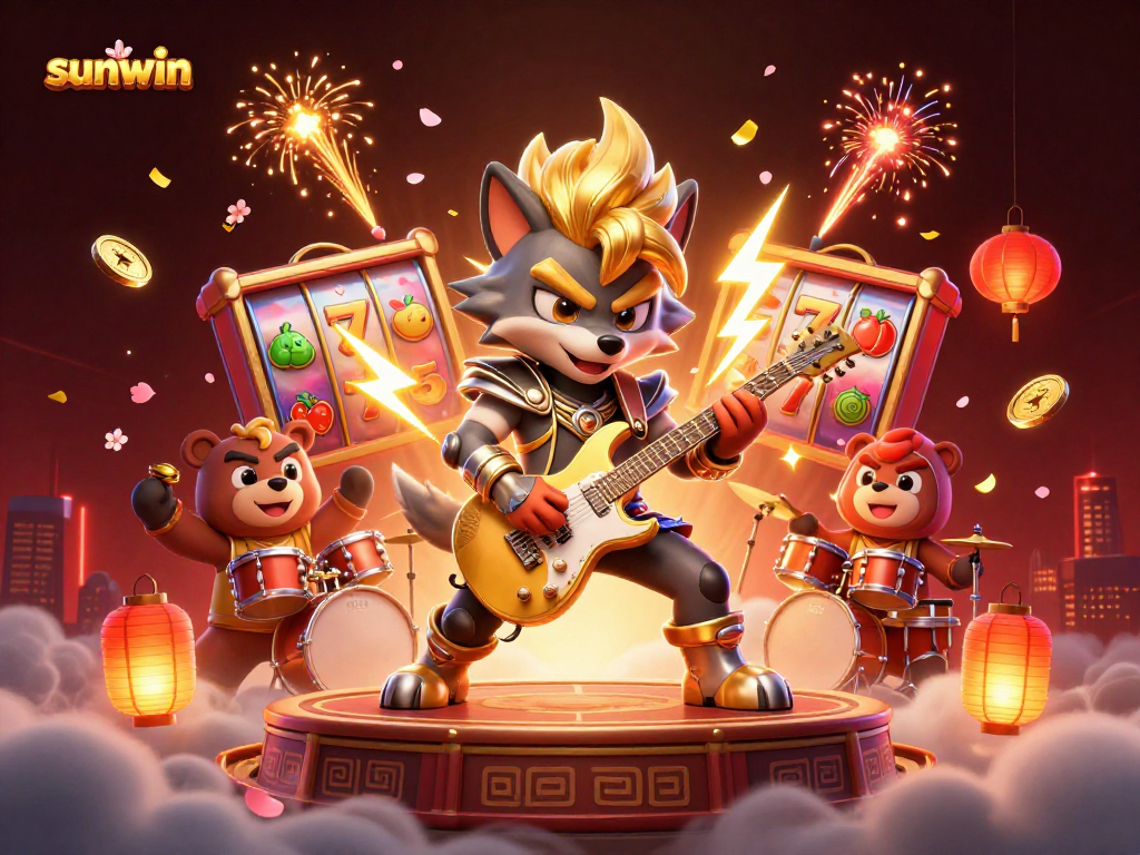 Engage with sunwin's vibrant casino scene featuring slot reels, golden guitar, and fun carnival elements.